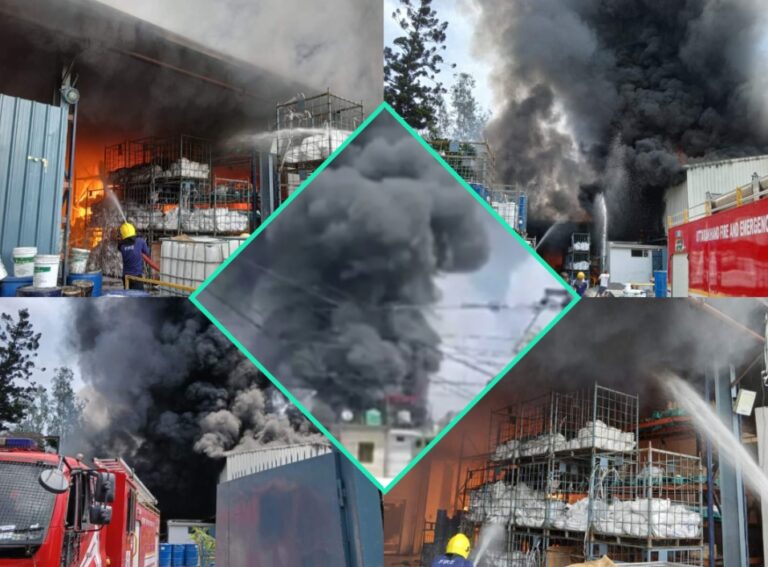 इंडस्ट्रियल एरिया स्थित केमिकल फैक्टरी में लगी भीषण आग, कर्मचारियों ने भागकर बचाई जान, चपेट में आया आवासीय भवन, आग बुझाने में लगी आधा दर्जन टैंकर।