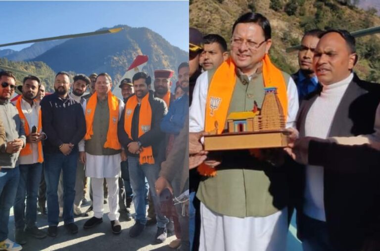 मुख्यमंत्री धामी पहुचे त्रियुगीनारायण मंदिर, पूजा-अर्चना कर  तीर्थ पुरोहितों और स्थानीय लोगों से किया संवाद।