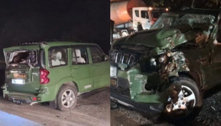 रायवाला में बड़ा सड़क हादसा: सेना की स्कॉर्पियो खड़े सीमेंट मिक्सर से टकराई, चार सैन्यकर्मी गंभीर घायल।